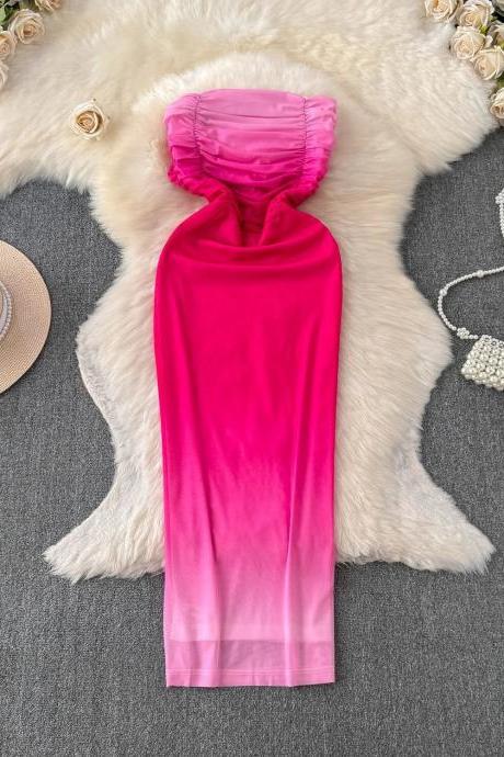 Elegant Pink Satin Maxi Dress With Ruffles