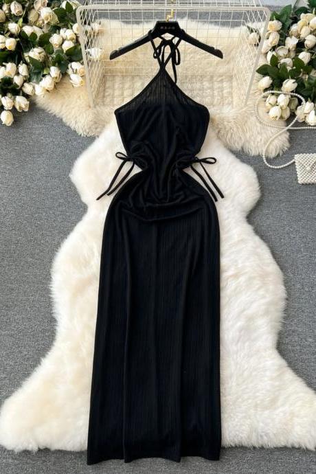 Elegant Black Halter Neck Evening Gown With Side Ties