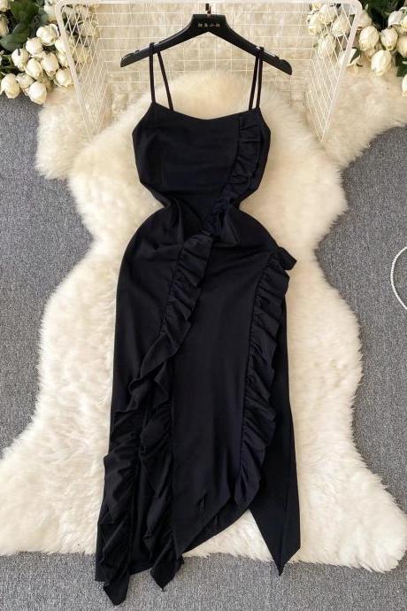 Elegant Black Ruffled Asymmetric Cocktail Dress For Women