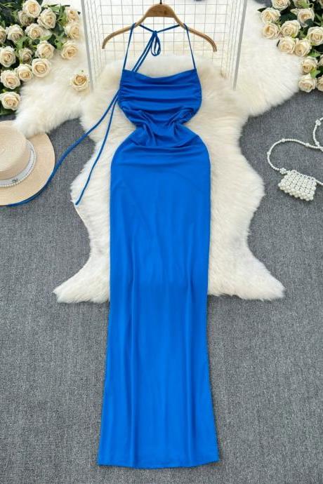 Elegant Royal Blue Halter Neck Maxi Evening Dress