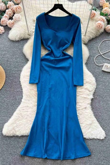 Elegant Long Sleeve Royal Blue Velvet Dress