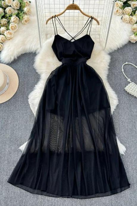 Elegant Black Sheer Overlay Spaghetti Strap Evening Dress