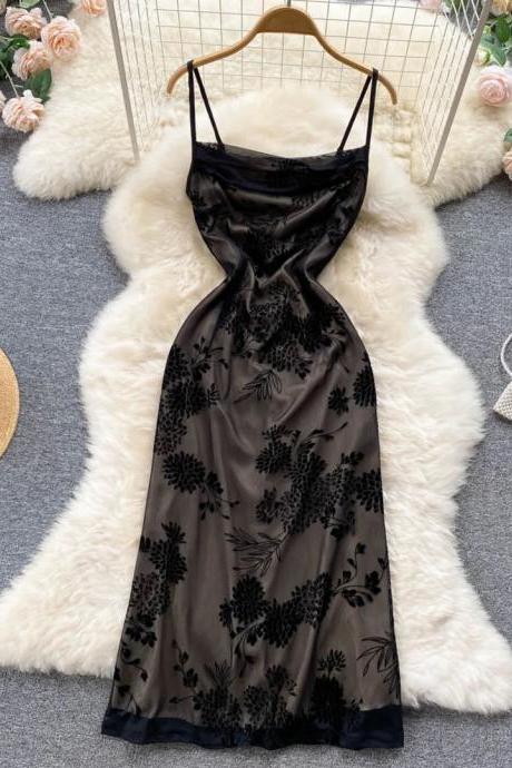 Elegant Black Floral Print Silk Slip Dress Womens