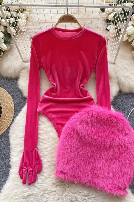 Womens Long Sleeve Velvet Bodysuit With Faux Fur Hat