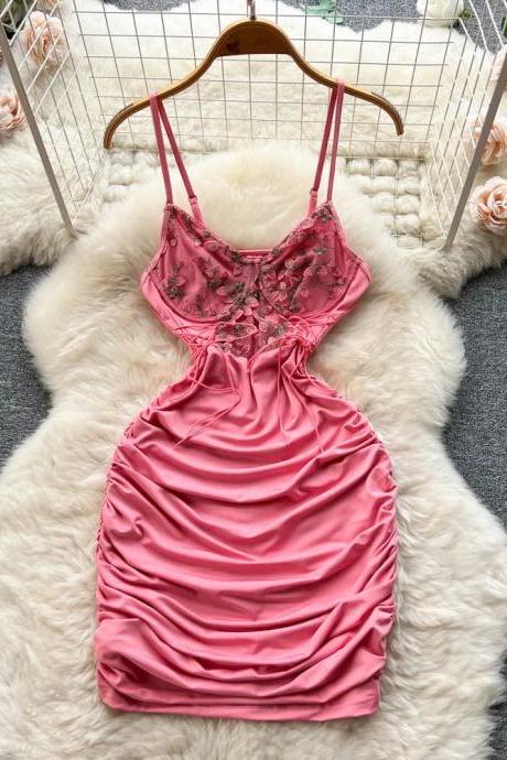 Elegant Pink Satin Cocktail Dress With Embroidered Bodice