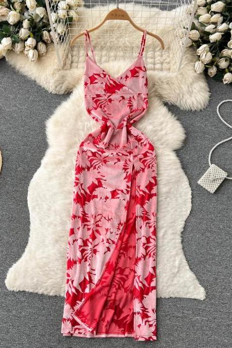 Elegant Red Floral Print Summer Slip Maxi Dress