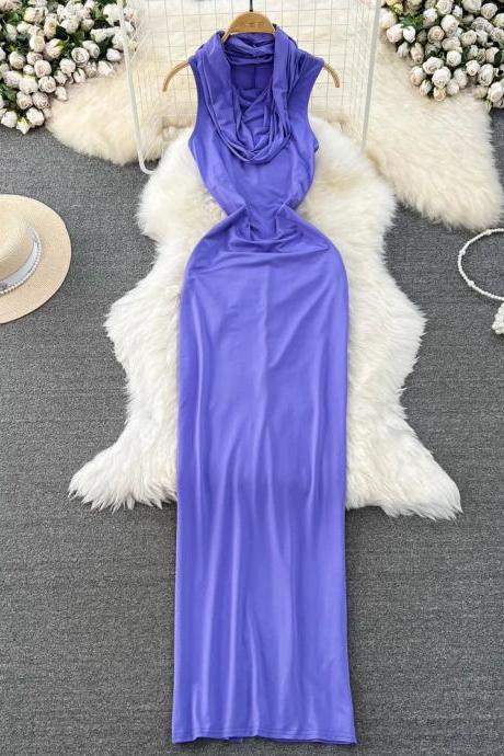 Elegant Draped Neck Sleeveless Maxi Dress In Purple