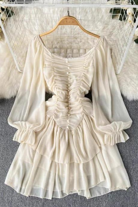 Womens Elegant Puff Sleeve Ruffled Hem Chiffon Dress
