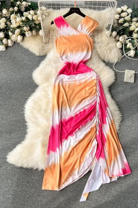 Elegant One-shoulder Satin Maxi Dress With Slit