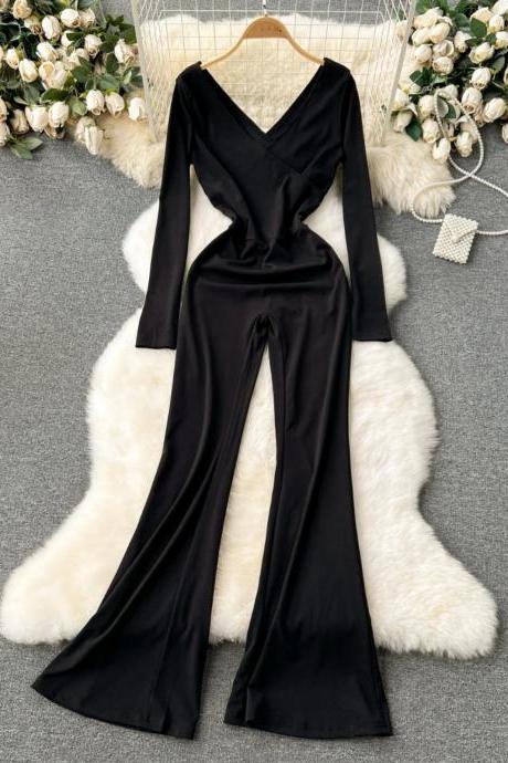 Elegant Long Sleeve Black V-neck Jumpsuit For Women