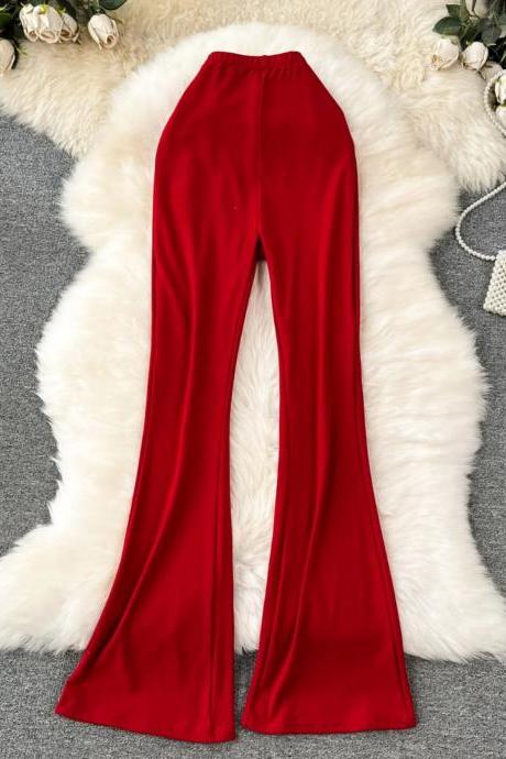 Womens Elegant Red High-waist Flared Velvet Trousers