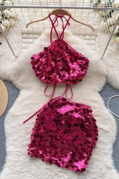 Womens Shimmering Sequin Pink Bikini Swimsuit Set