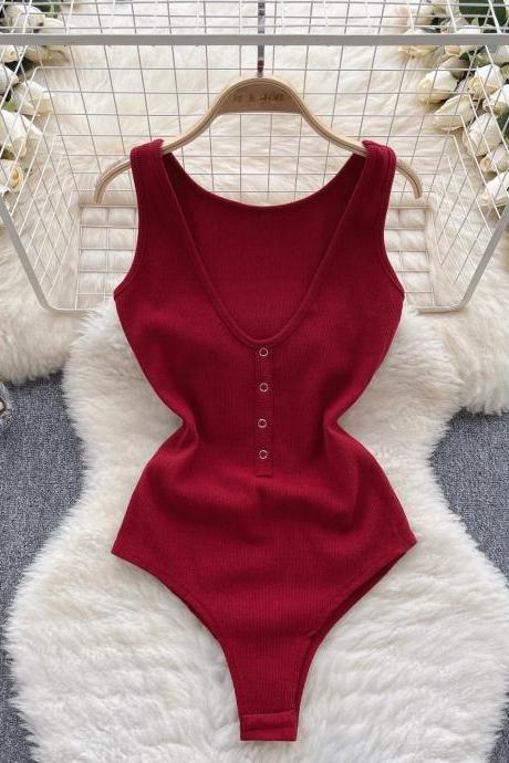 Womens Sleeveless Buttoned Red Bodysuit Casual Wear