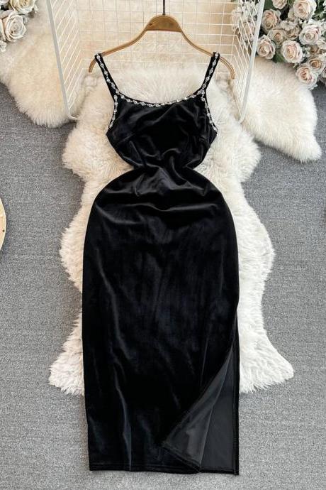 Elegant Black Velvet Slip Dress With Rhinestone Trim