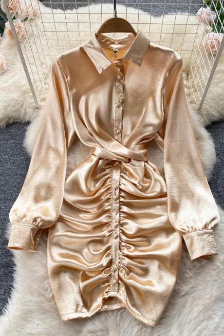 Elegant Satin Ruched Shirt Dress With Long Sleeves