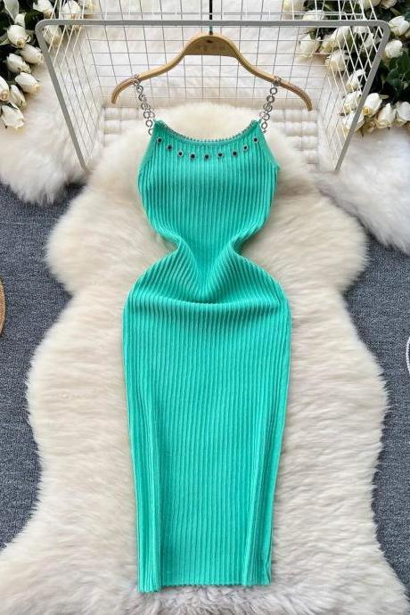 Elegant Teal Ribbed Midi Dress With Chain Straps