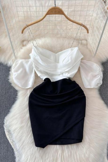 Elegant Two-tone Puff Sleeve Dress With Draped Skirt