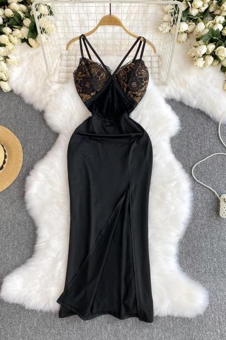 Womens Elegant Black Lace Satin Slip Dress