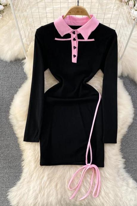 Elegant Black Dress With Contrast Pink Collar