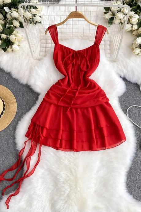 Elegant Red Ruched Summer Dress With Ribbon Detail