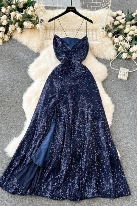 Elegant Navy Blue Sequin Halter Neck Evening Gown