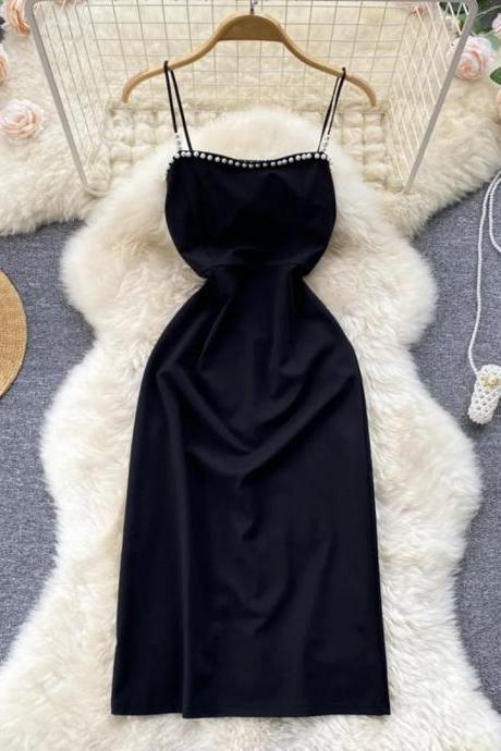 Elegant Satin Slip Dress With Pearl Strap Detail