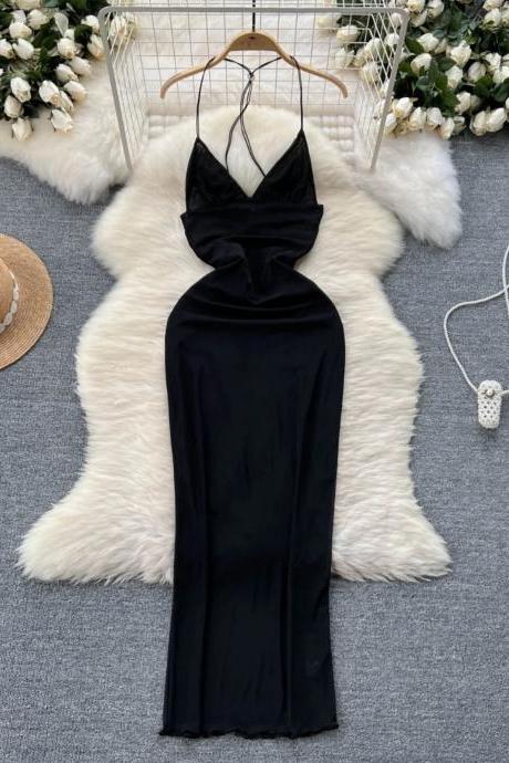 Elegant Black Velvet Halter Neck Evening Gown
