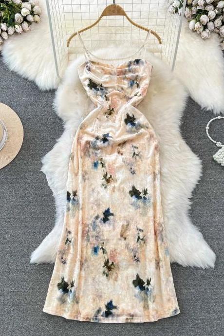 Elegant Floral Print Velvet Midi Dress With Straps