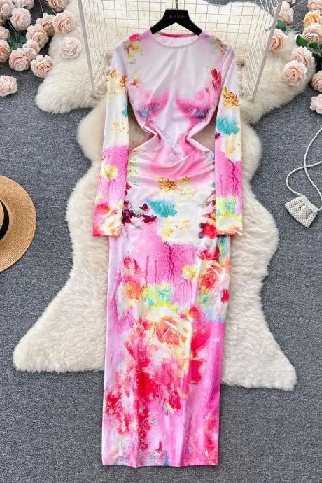 Elegant Floral Print Maxi Dress With Long Sleeves