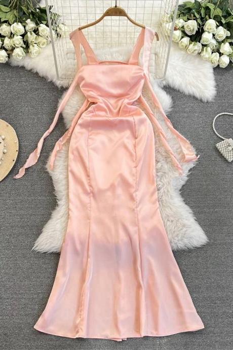 Elegant Satin Pink Midi Dress With Bow Detail