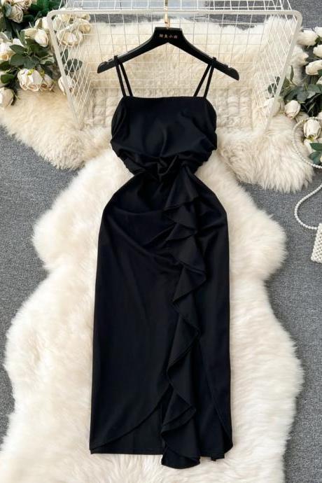 Elegant Black Ruffle Detail Cocktail Evening Dress