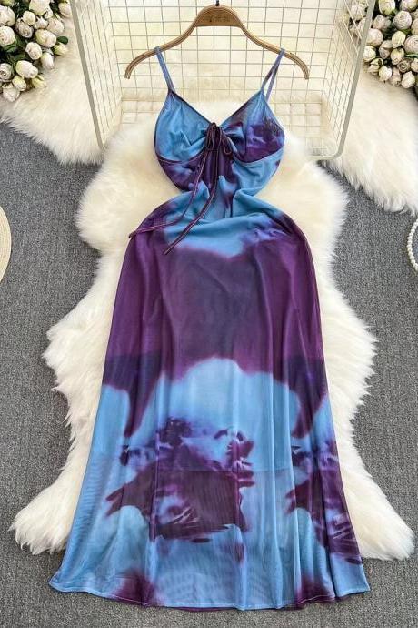 Womens Halter Neck Tie-dye Summer Maxi Dress Sleeveless