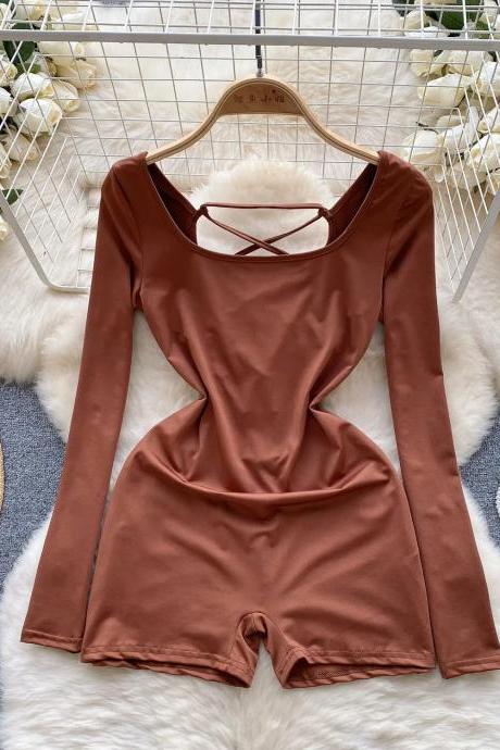 Womens Long Sleeve Cut-out Chest Romper In Brown