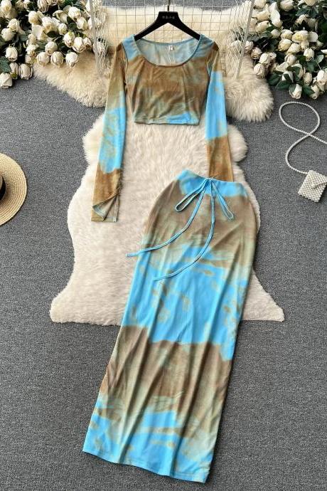 Elegant Tie-dye Long Sleeve Maxi Dress Set With Accessories