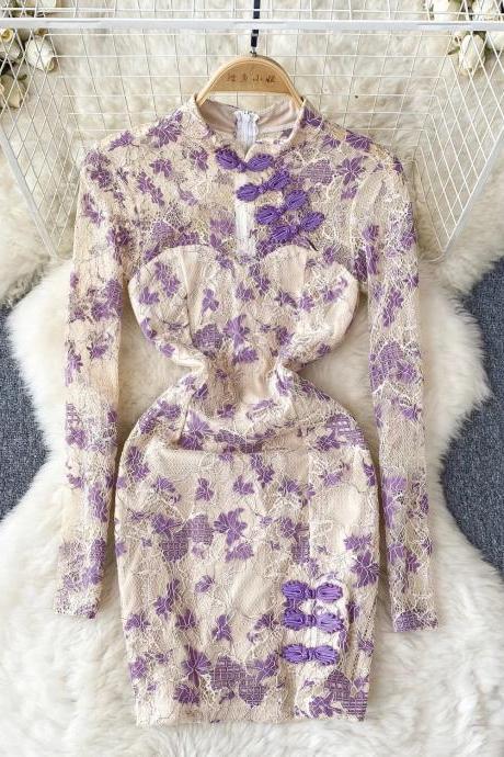 Elegant Floral Lace Long-sleeve Mini Dress Purple
