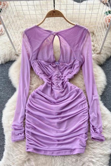 Elegant Long Sleeve Ruched Mini Dress In Lavender