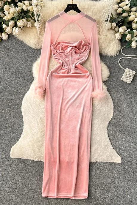 Elegant Long-sleeve Satin Evening Gown With Fur Cuffs
