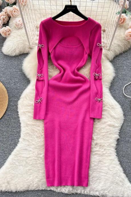 Elegant Pink Cut-out Long Sleeve Bodycon Dress