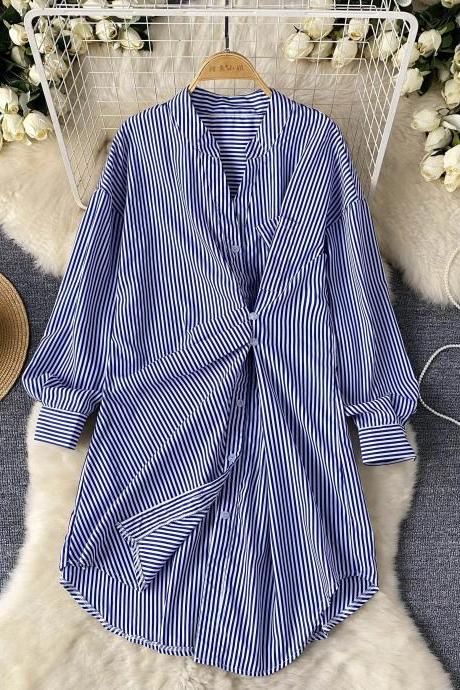 Casual Striped Long-sleeve Button-down Shirt Dress