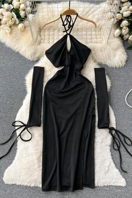Elegant Black Halter Neck Evening Gown With Sleeves