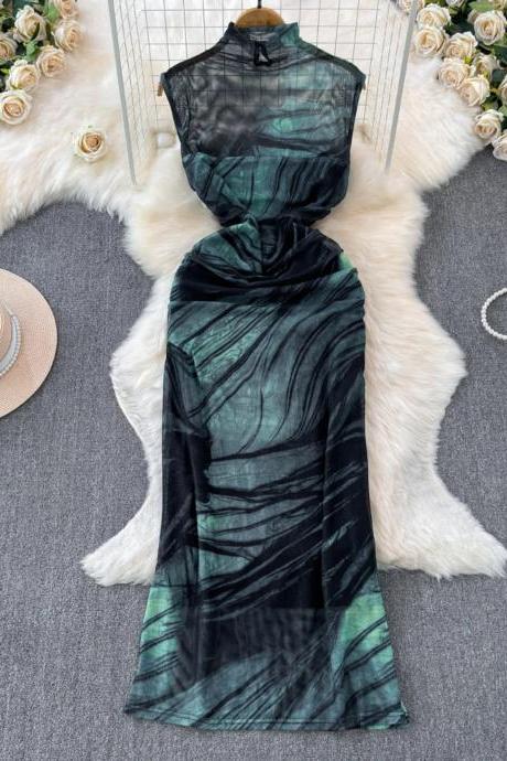 Elegant High Collar Sleeveless Maxi Dress In Black