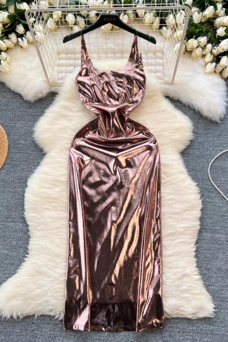 Elegant Satin Cowl Neck Backless Maxi Dress Bronze
