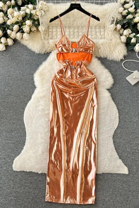 Elegant Satin Bronze Evening Gown With Crystal Accents