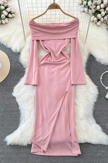 Elegant Off-shoulder Pink Long Evening Dress With Slit