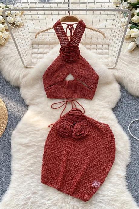 Womens Boho Knit Halter Crop Top And Skirt Set