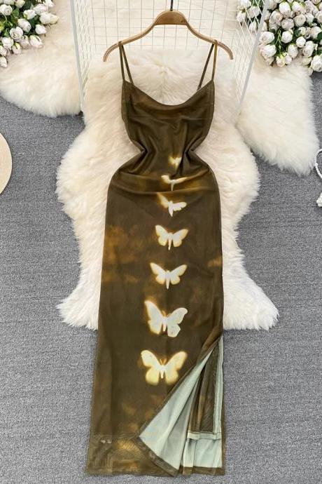 Womens Butterfly Print Silk Blend Slip Dress