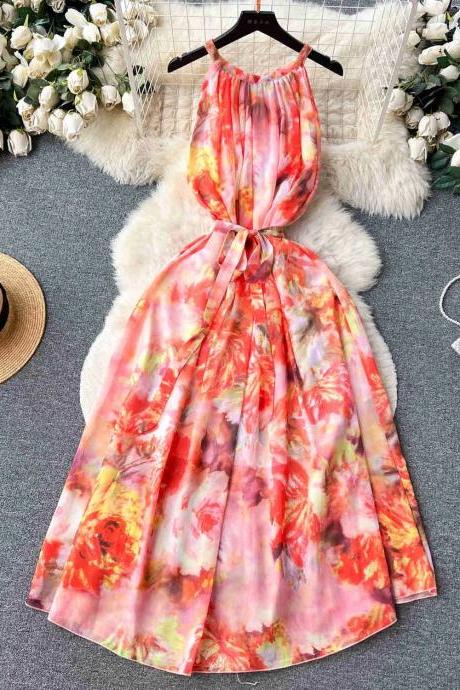 Womens Halter Neck Floral Print Summer Maxi Dress