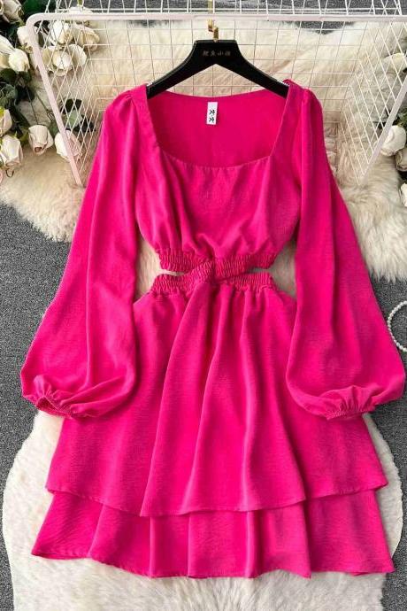 Womens Long Sleeve Ruffled Waist Pink Mini Dress