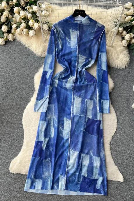 Womens Long Sleeve Abstract Print Maxi Dress Blue