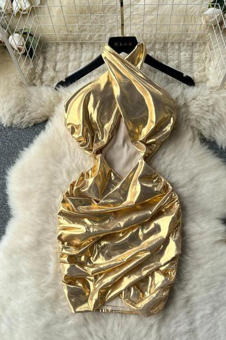 Womens Gold Metallic Halter Neck Blouse Sleeveless